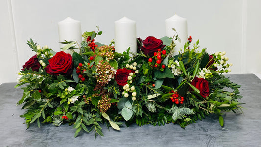 Red Rose & Berry | Fresh Christmas Flowers & Candle Arrangement