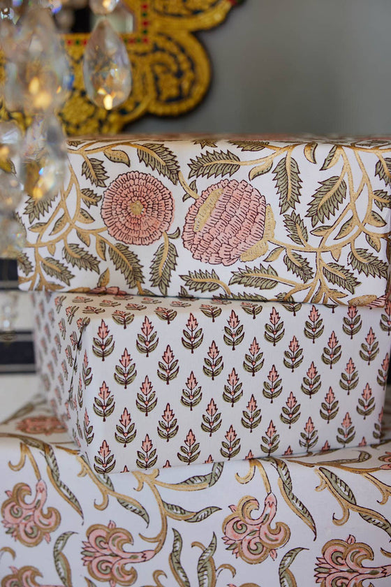 Block Printed Wrapping Paper Sheets - Marigold Glitz Coral