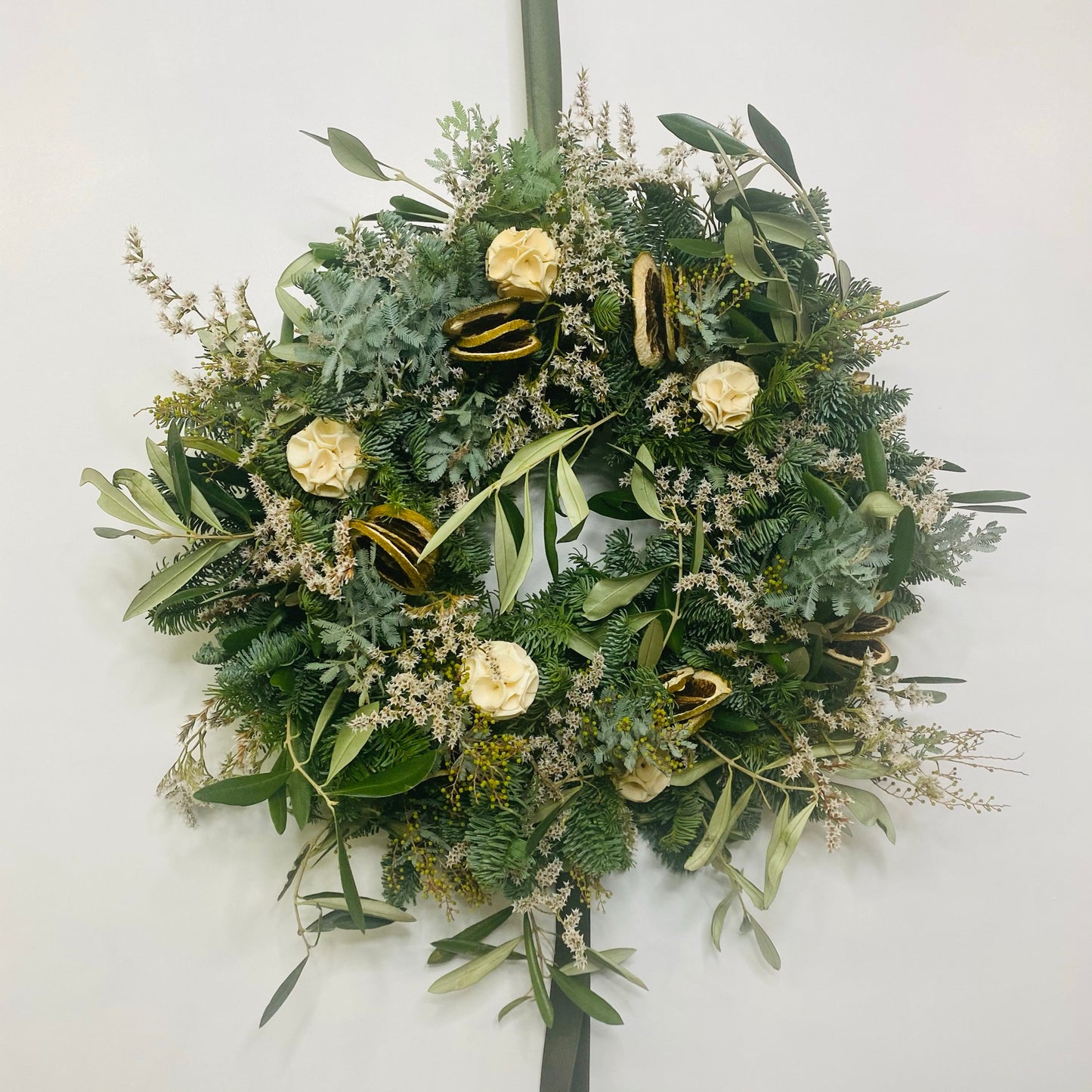 Elegant Olive & Ivory Winter Wreath | Fresh Christmas Door Wreath
