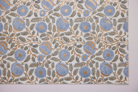 Block Printed Wrapping Paper Sheets-Marigold Glitz BlueStone - Chobham Flowers #