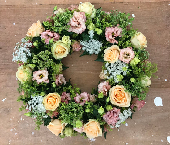Country Peach Wreath - Funeral Flowers - Chobham Flowers #14 Inch