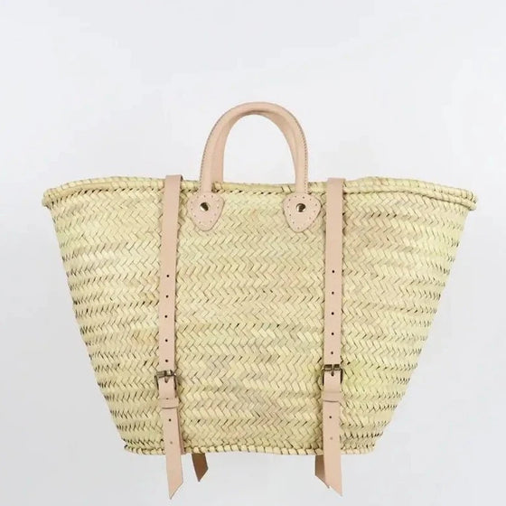 STRAW BAG Handmade leather, French Market Basket Backpack - Chobham Flowers #Natural