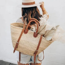  STRAW BAG Handmade leather, French Market Basket Backpack - Chobham Flowers #