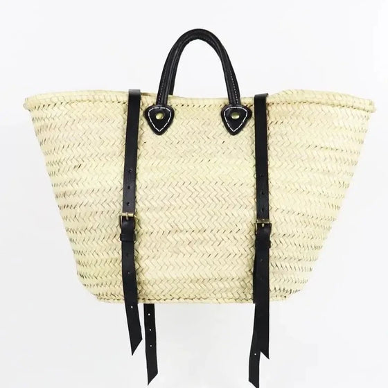 STRAW BAG Handmade leather, French Market Basket Backpack - Chobham Flowers #Brown