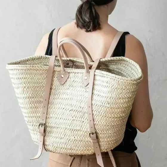 STRAW BAG Handmade leather, French Market Basket Backpack - Chobham Flowers #Brown