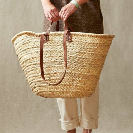 STRAW BAG Handmade with leather, French Market Basket - Chobham Flowers #Brown