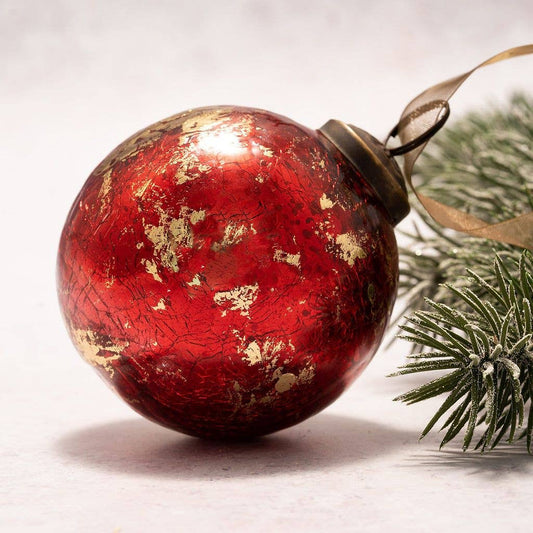 3" Large Red With Gold Foil Crackle Glass Ball